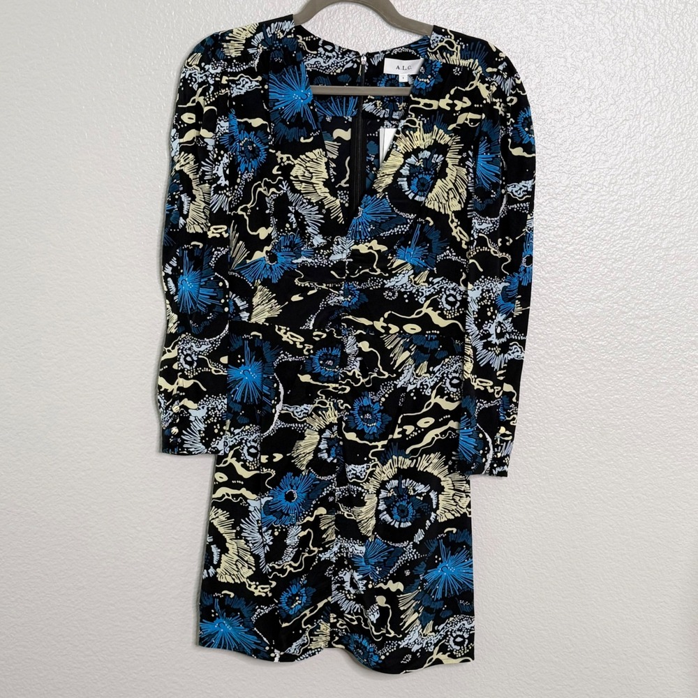 ALC Silk Mini Dress Floral VNeck Ruched Black Blue Long Sleeve Cocktail Sz 4 NWT - Picture 14 of 16